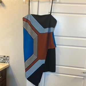 Milly Asymmetrical Black and Blue Sheath Dress Cocktail